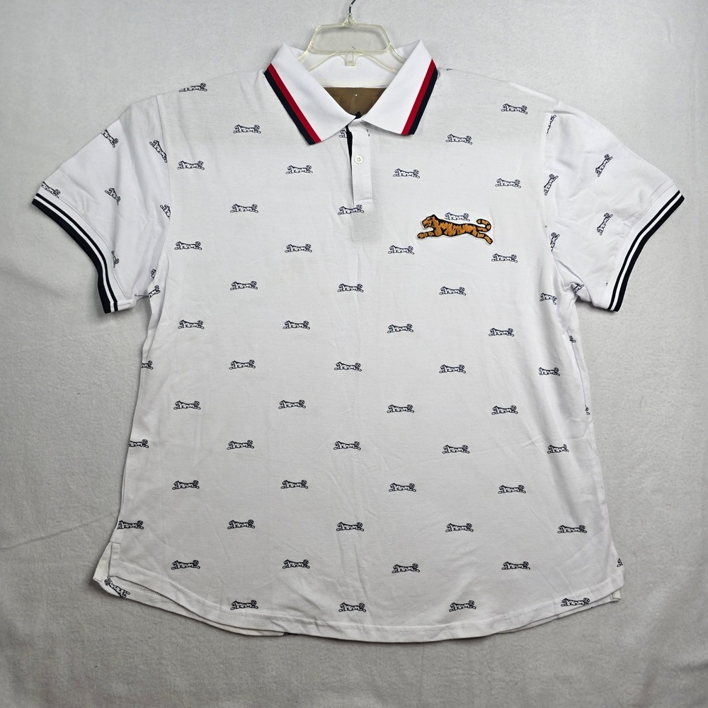 Le Tigre Collection Mens 3XL White All Over Tiger Print AOP Polo Shirt Cotton